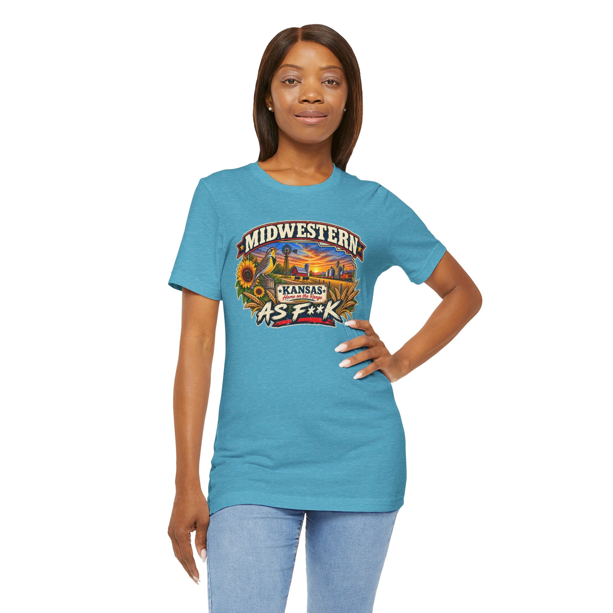 Woman in the heather aqua Kansas As F**K T-shirt, hand on hip