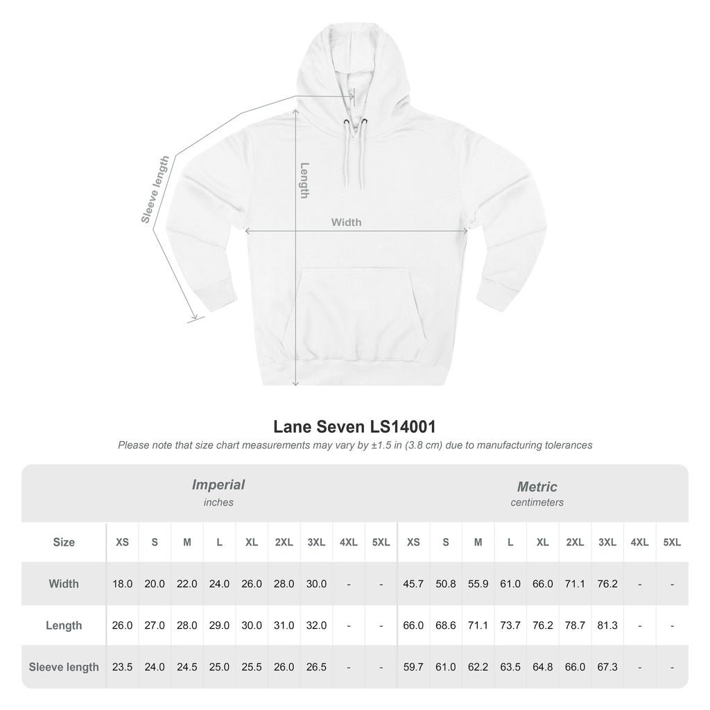 Size chart for the Lane Seven LS14001 hoodie showing width, length, and sleeve length in inches and centimeters by size.