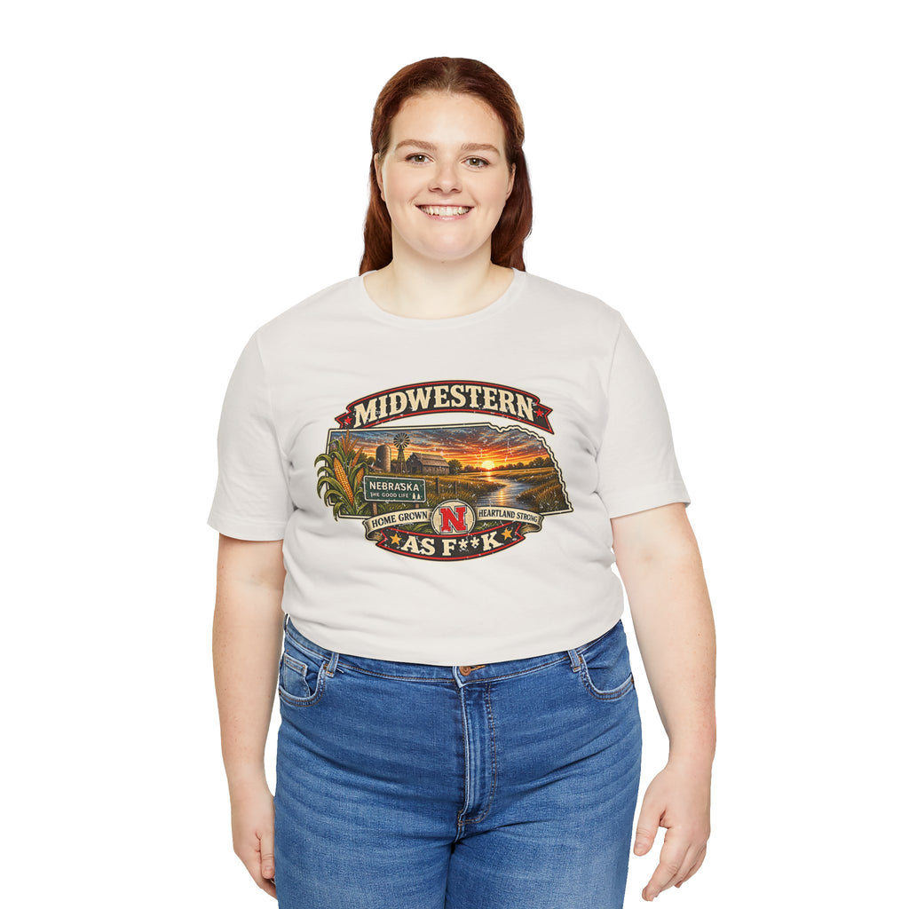 Woman wearing the natural vintage white Nebraska As F**K tee