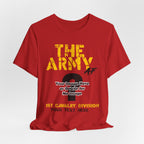 Personalized U.S. Army AF T-shirt in Red with gold THE ARMY lettering, shown flat with the custom photo area