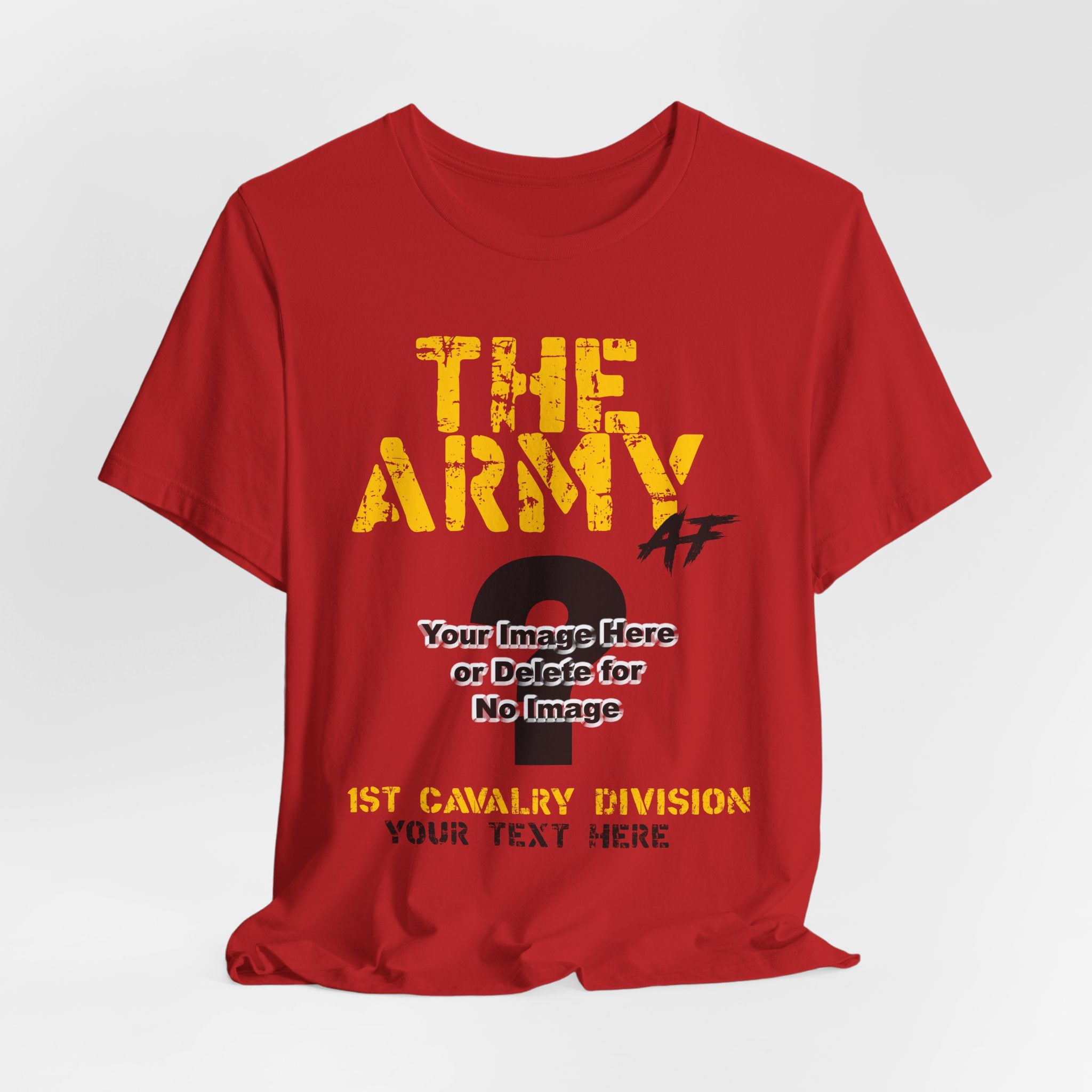 Personalized U.S. Army AF T-shirt in Red with gold THE ARMY lettering, shown flat with the custom photo area