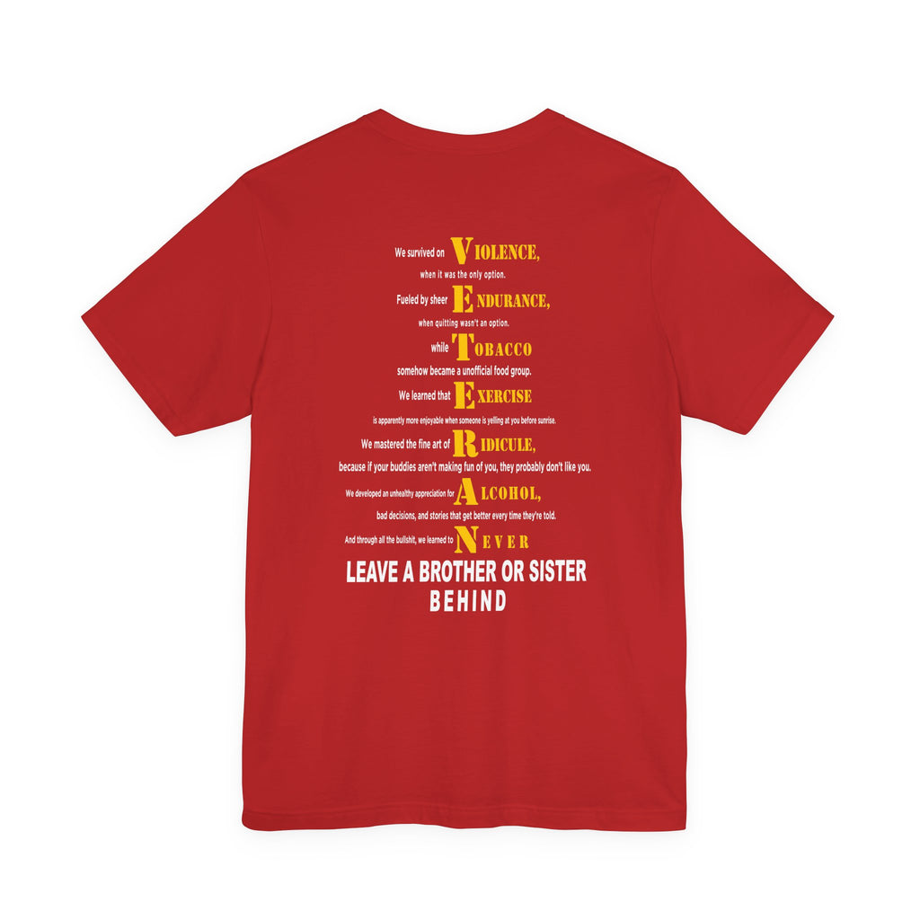Marine Corps veteran T-shirt in Red showing the VETERAN acrostic back print in gold and white