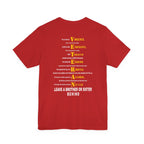 Marine Corps veteran T-shirt in Red showing the VETERAN acrostic back print in gold and white