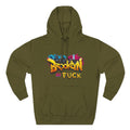 Army green Brooklyn As Fuck hoodie, flat lay front view, with graffiti-style lettering over a colorful NYC skyline print.