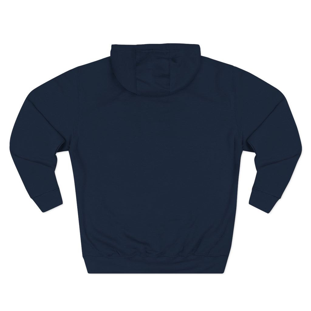 Navy hoodie flat lay, back view showing the plain back and hood with no print visible.