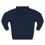 Navy hoodie flat lay, back view showing the plain back and hood with no print visible.