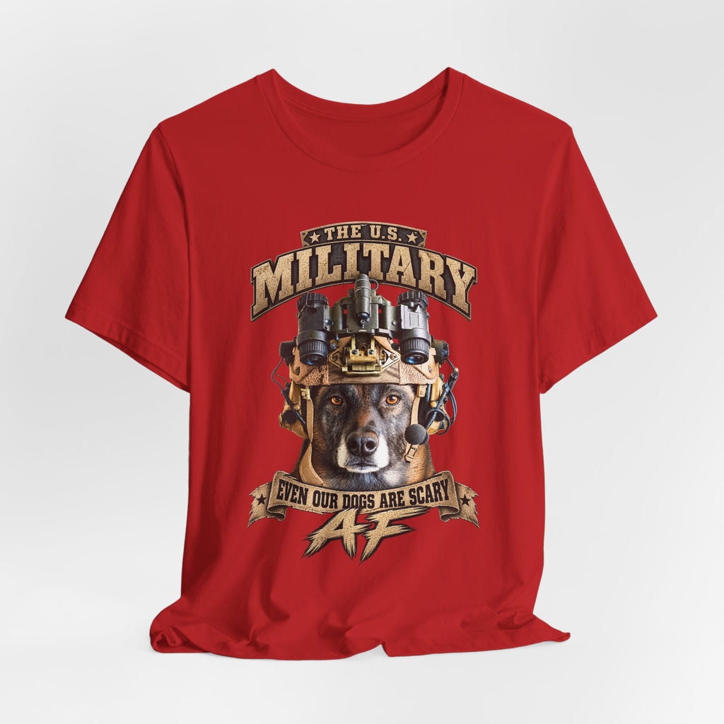 Military K-9 T-shirt in Red shown draped with the working dog front print