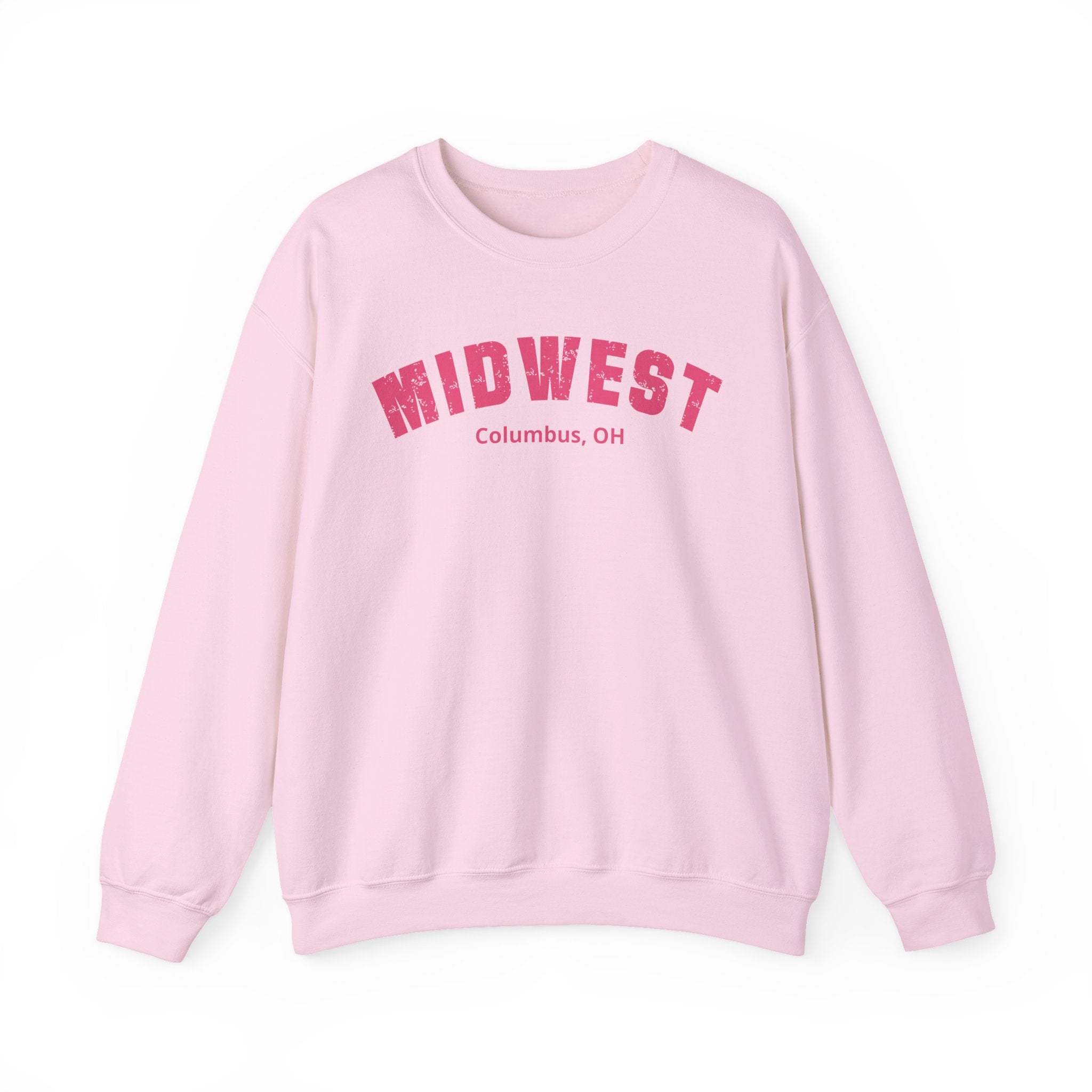Light Pink personalized Midwest sweatshirt laid flat, pink varsity lettering above Columbus, OH