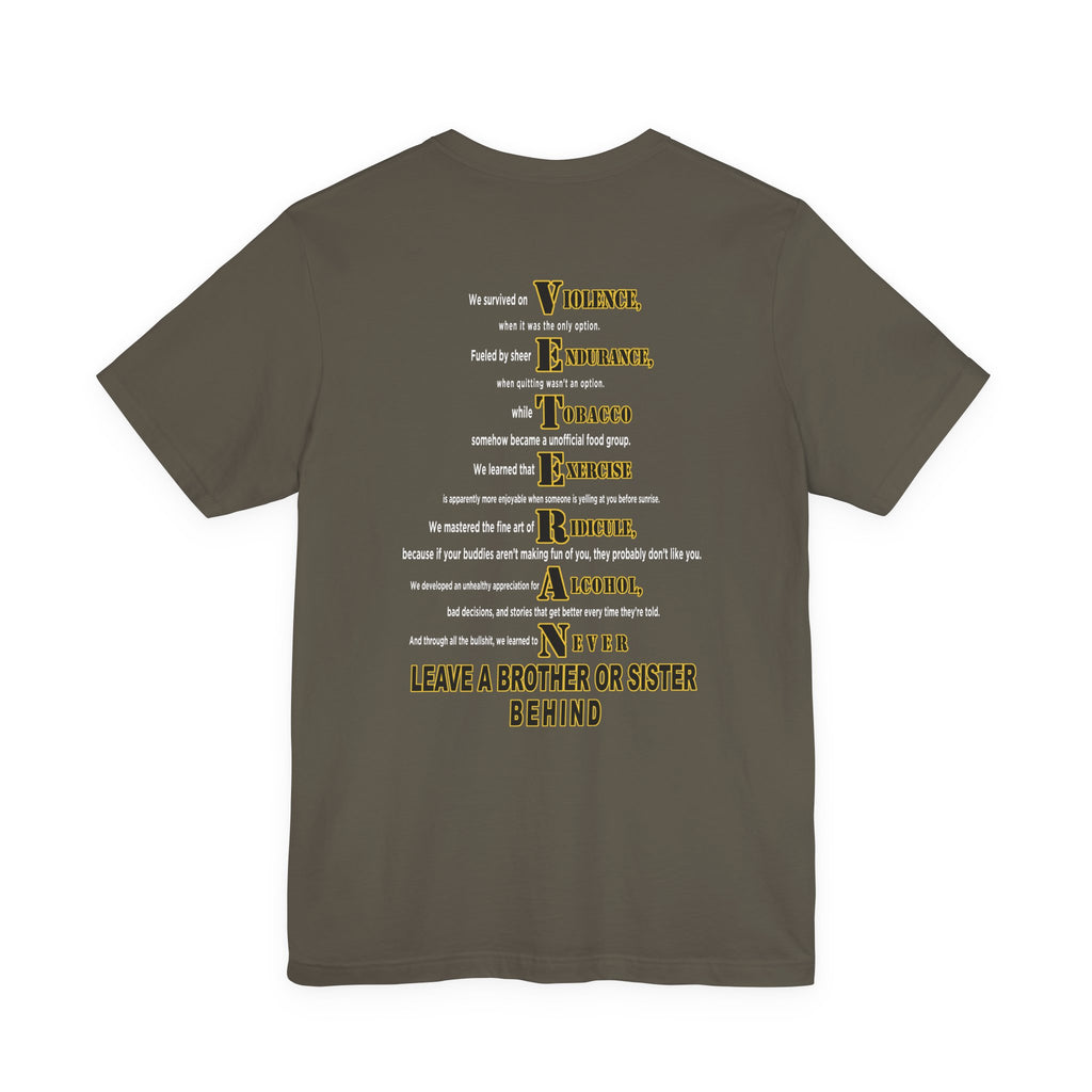 Army veteran T-shirt in Army green showing the VETERAN acrostic back print in gold