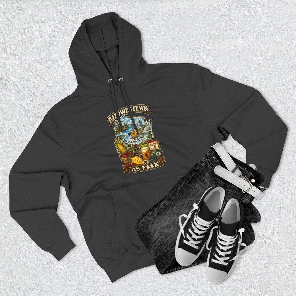 Midwestern As F**K Wisconsin Hoodie | Funny Wisconsin Pride Hoodie | Lane Seven LS14001 3-Panel Fleece | Slightly Salty Cheesehead State Hoodie