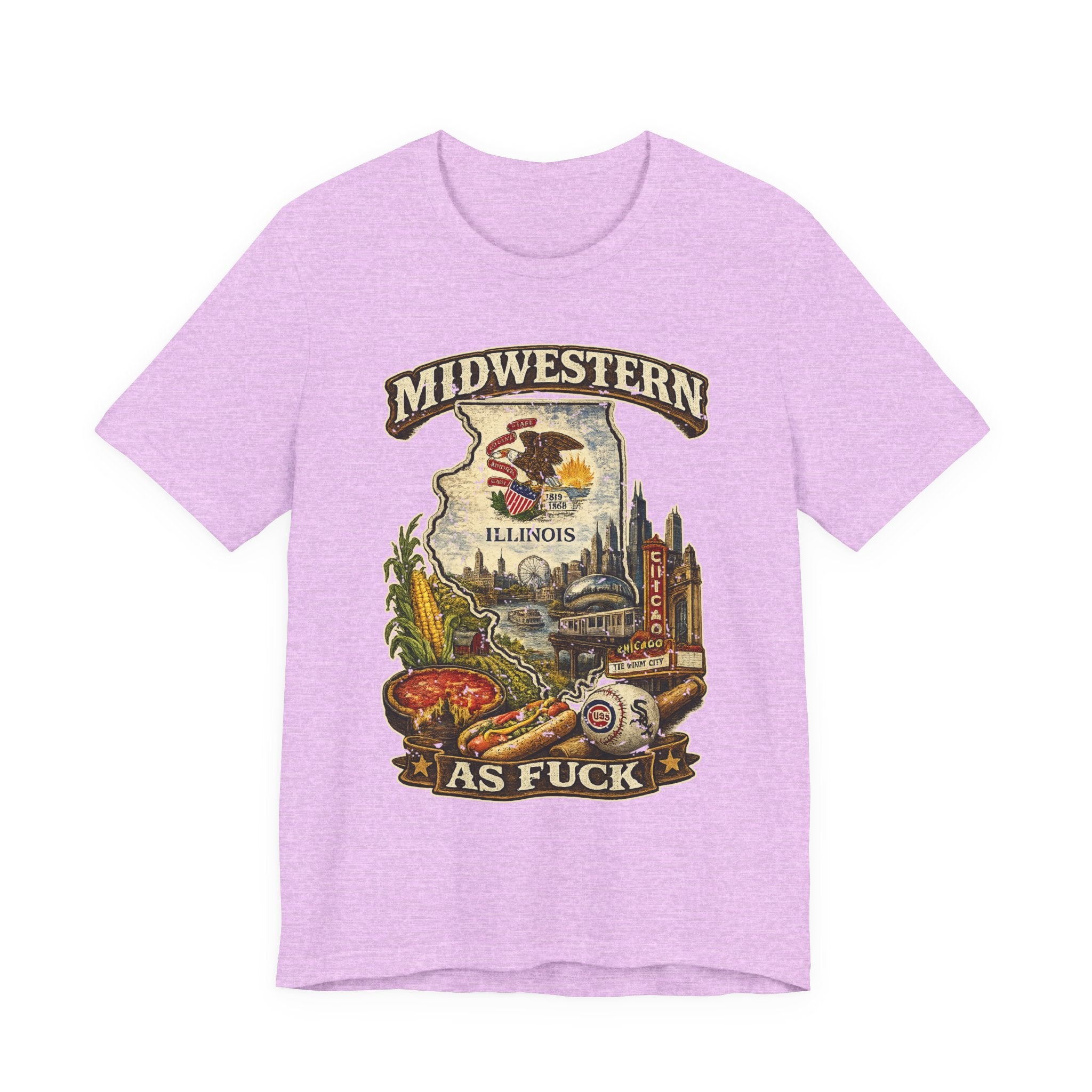 Midwestern As Fuck Illinois T-Shirt in Heather Prism Lilac – a distressed vintage design featuring the Illinois state outline overlaid with the state flag, surrounded by the Chicago skyline, the Chicago Theatre sign, The Bean, deep-dish pizza, a Chicago-style hot dog, and towering corn fields