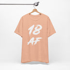 Heather Peach birthday tee on a wooden hanger showing the white front print