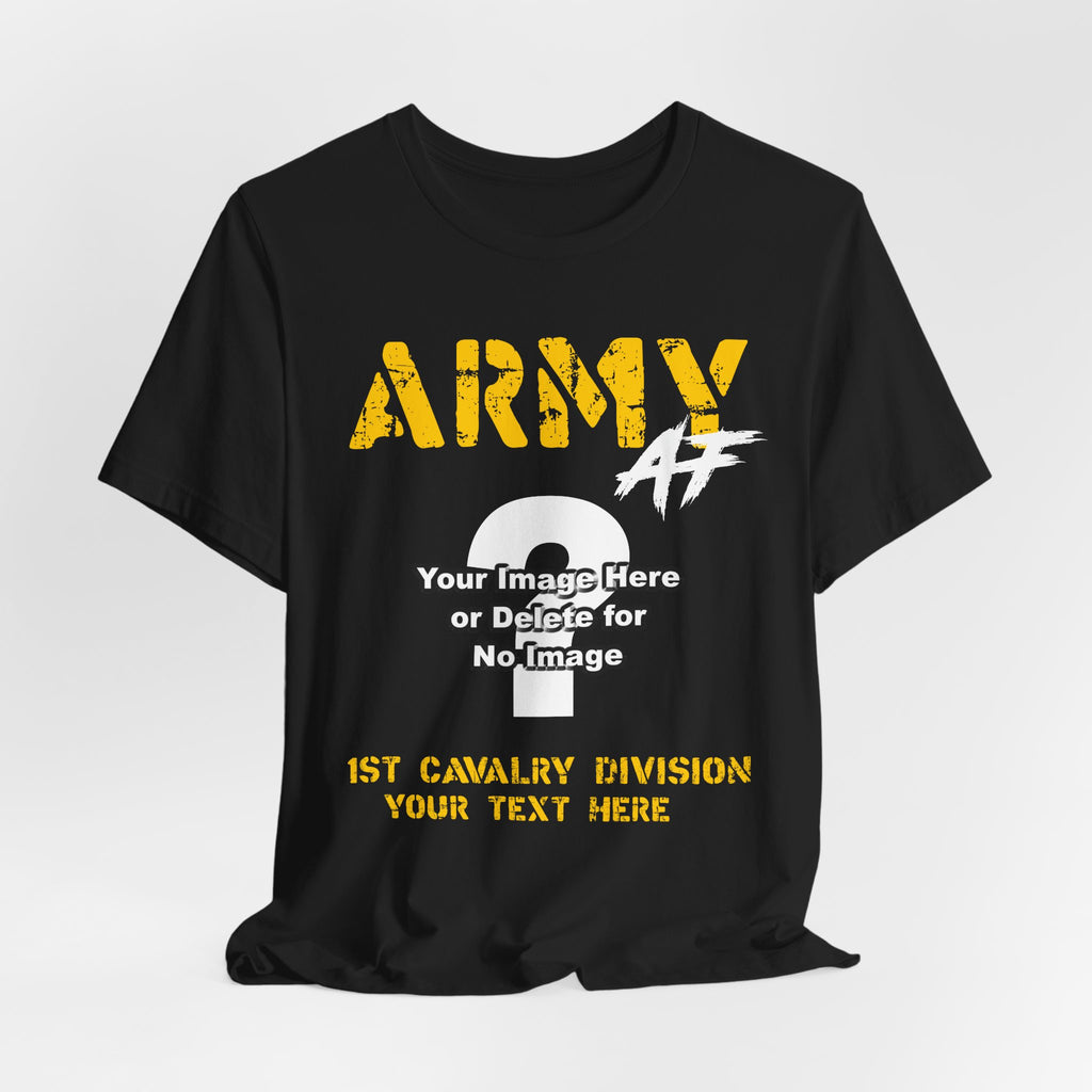 Personalized U.S. Army AF T-shirt in Black shown flat with gold ARMY lettering and the custom photo area