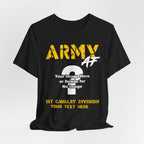 Personalized U.S. Army AF T-shirt in Black shown flat with gold ARMY lettering and the custom photo area