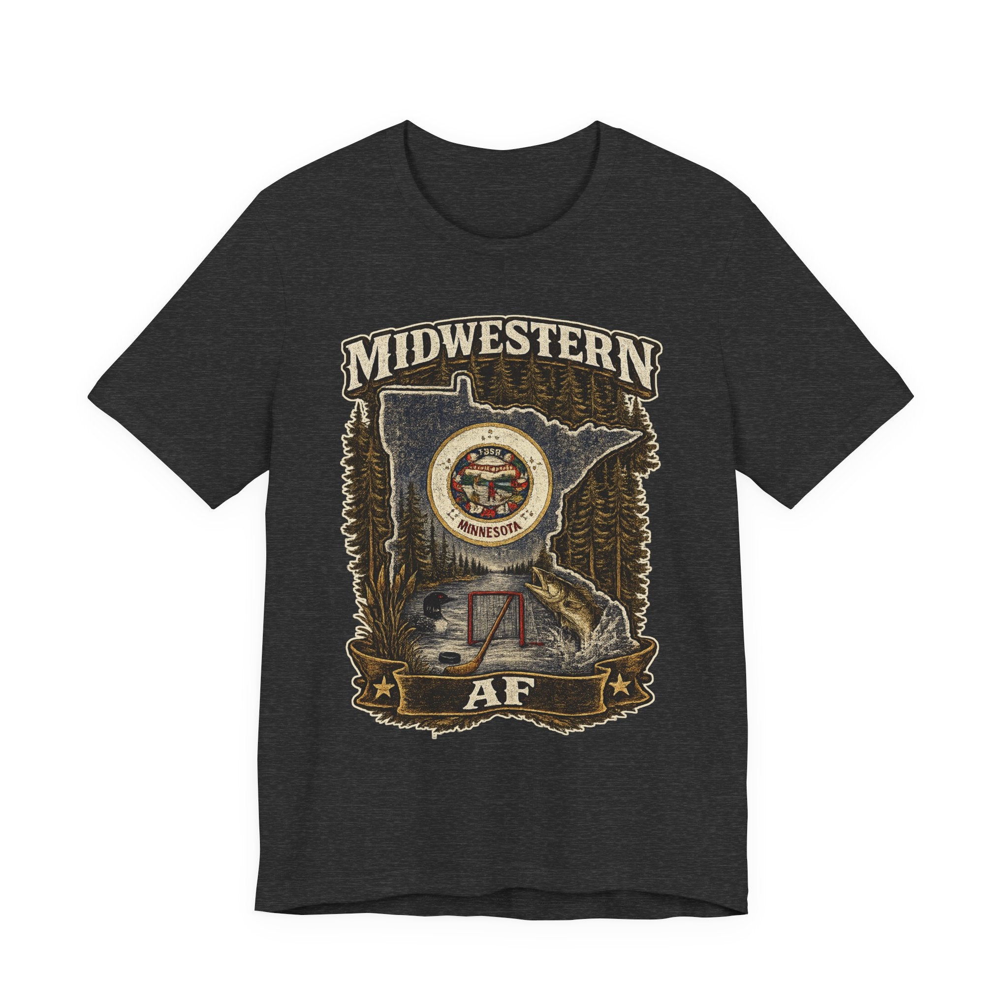 Family Friendly Midwestern AF Minnesota T-Shirt in Dark Grey Heather – distressed Minnesota state flag design with pine trees, loon and walleye
