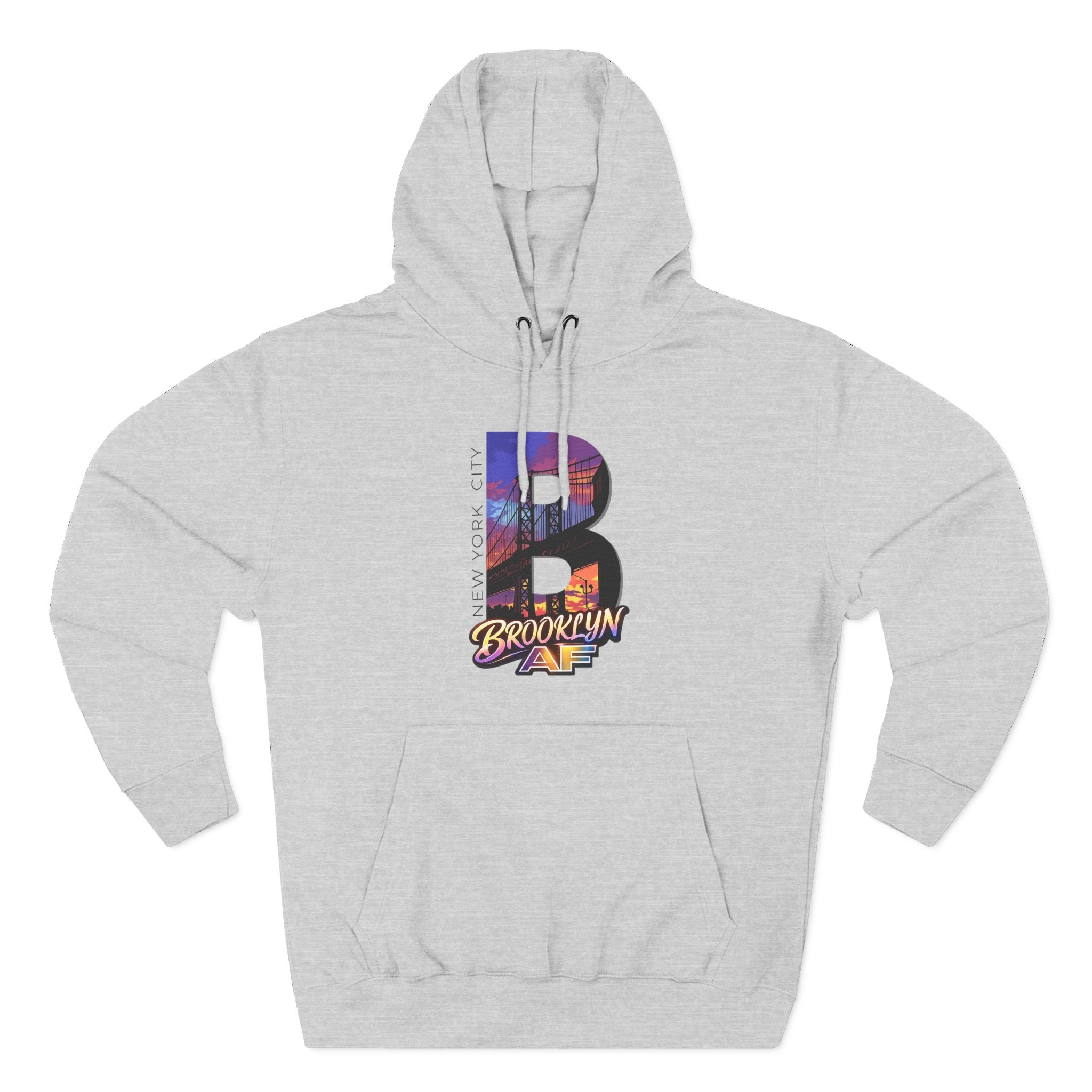 Heather grey hoodie, flat lay front view, bold B containing a Brooklyn Bridge sunset skyline graphic and Brooklyn AF script.