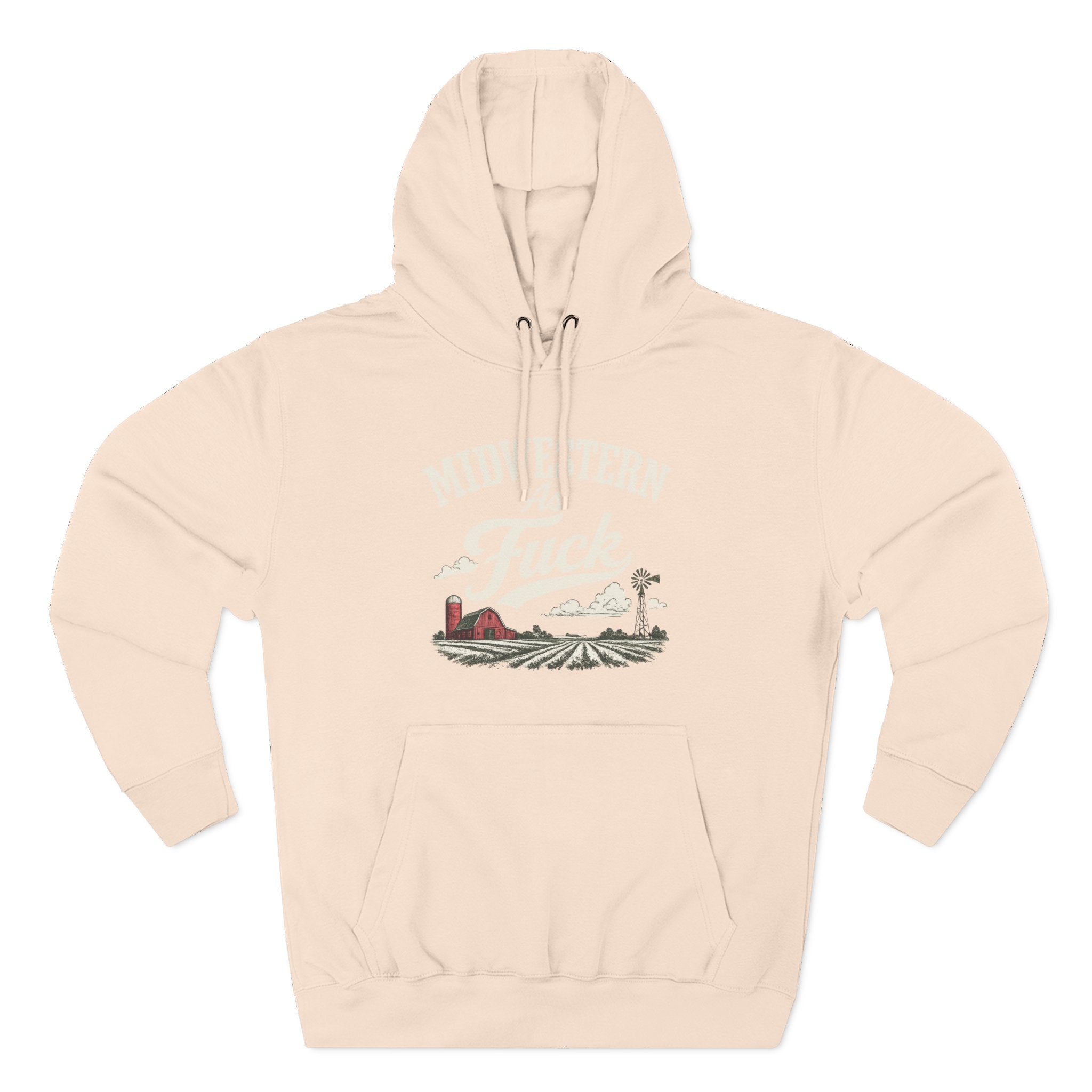 Pale Pink Midwestern As Fuck hoodie laid flat, front view with tone-on-tone barn, windmill, and crop rows graphic.