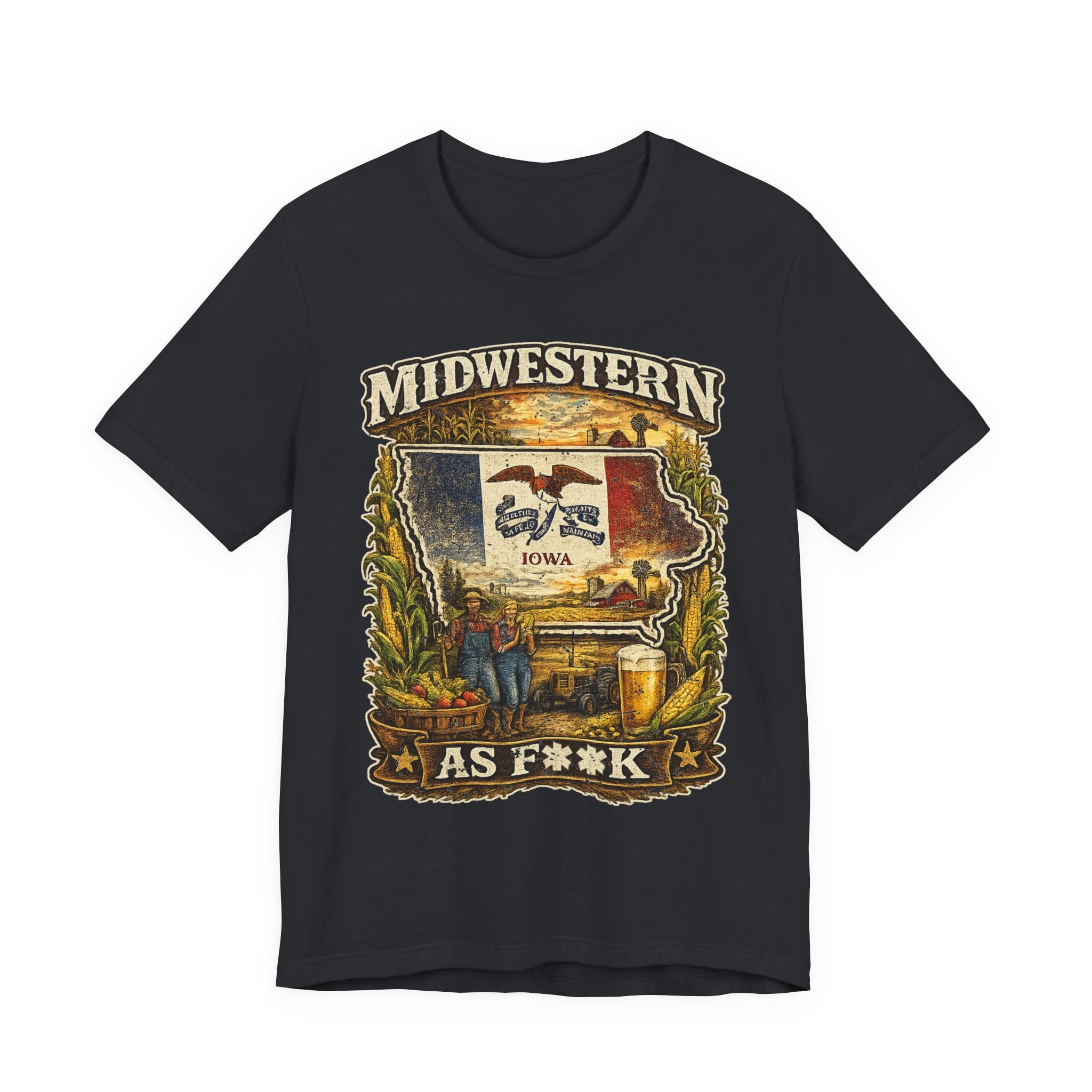 Slightly Salty Midwestern As F**K Iowa T-Shirt in Vintage Black – a distressed vintage design featuring the outline of Iowa overlaid with the Iowa state flag, surrounded by towering corn stalks, rolling farmland, a classic red barn, a windmill, a tractor, and an overflowing harvest basket
