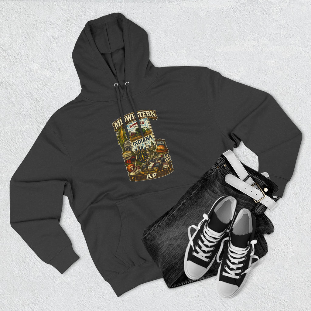Indiana Midwestern AF Hoodie on Lane Seven fleece, family friendly Indianapolis skyline and Indy 500 graphic