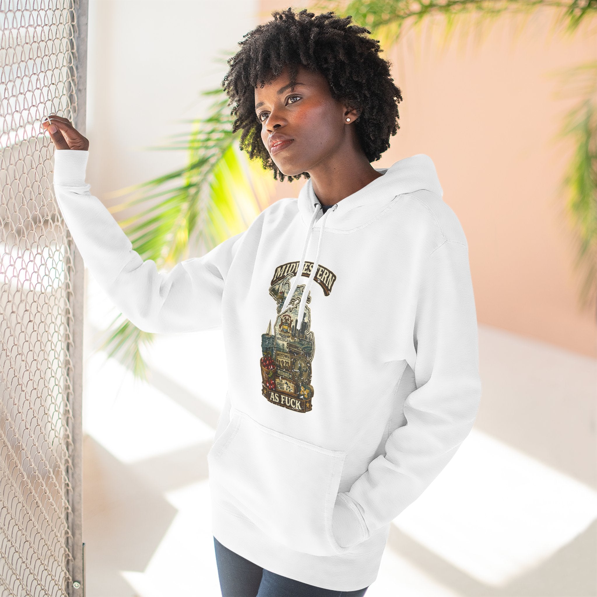 Midwestern As Fuck Michigan Hoodie – product photo 3 featuring a distressed vintage design featuring Michigan's Upper and Lower Peninsulas overlaid with the state outline, surrounded by Detroit's skyline, Woodward Avenue, the Great Lakes, and Traverse City cherries