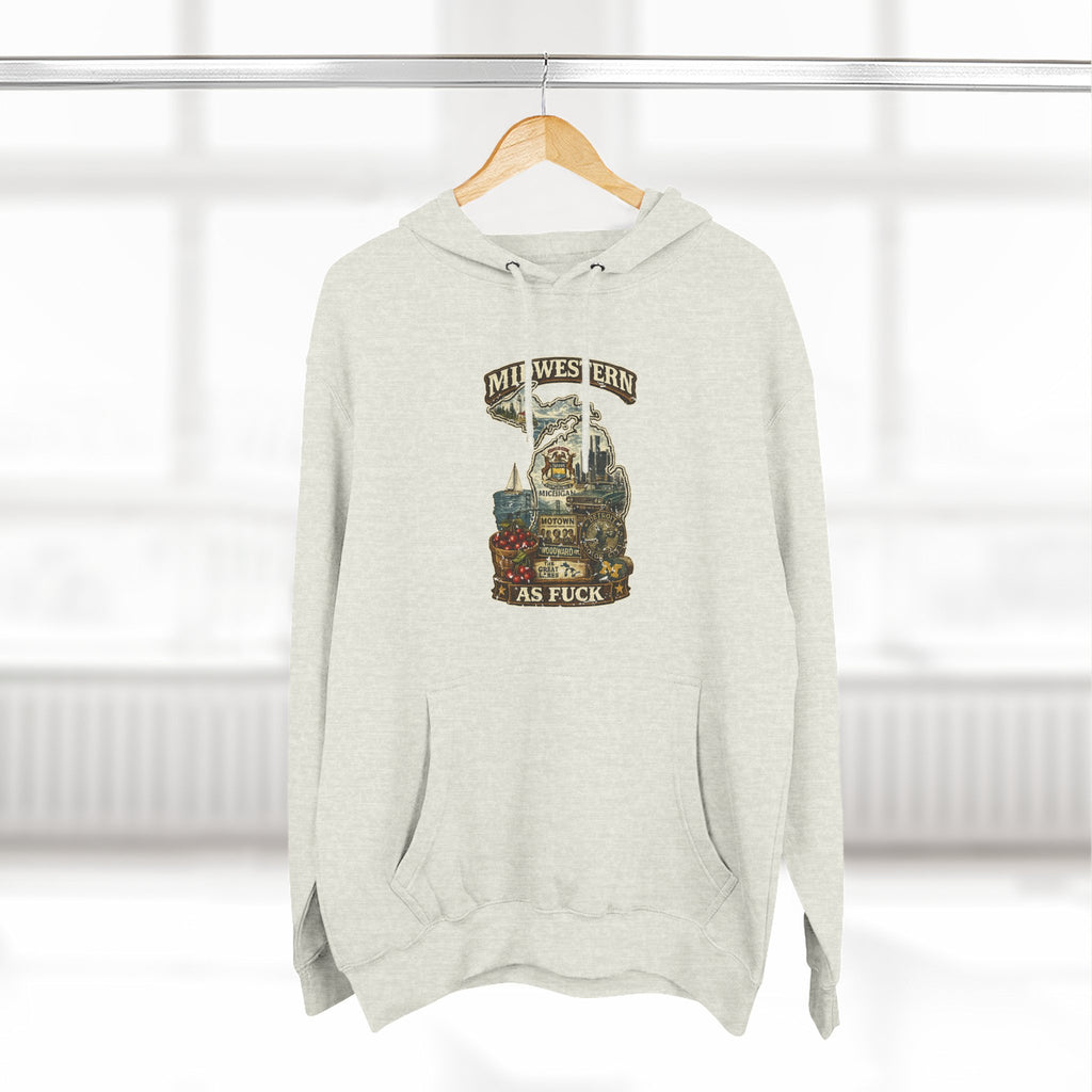 Midwestern As Fuck Michigan Hoodie – product photo 19 featuring a distressed vintage design featuring Michigan's Upper and Lower Peninsulas overlaid with the state outline, surrounded by Detroit's skyline, Woodward Avenue, the Great Lakes, and Traverse City cherries