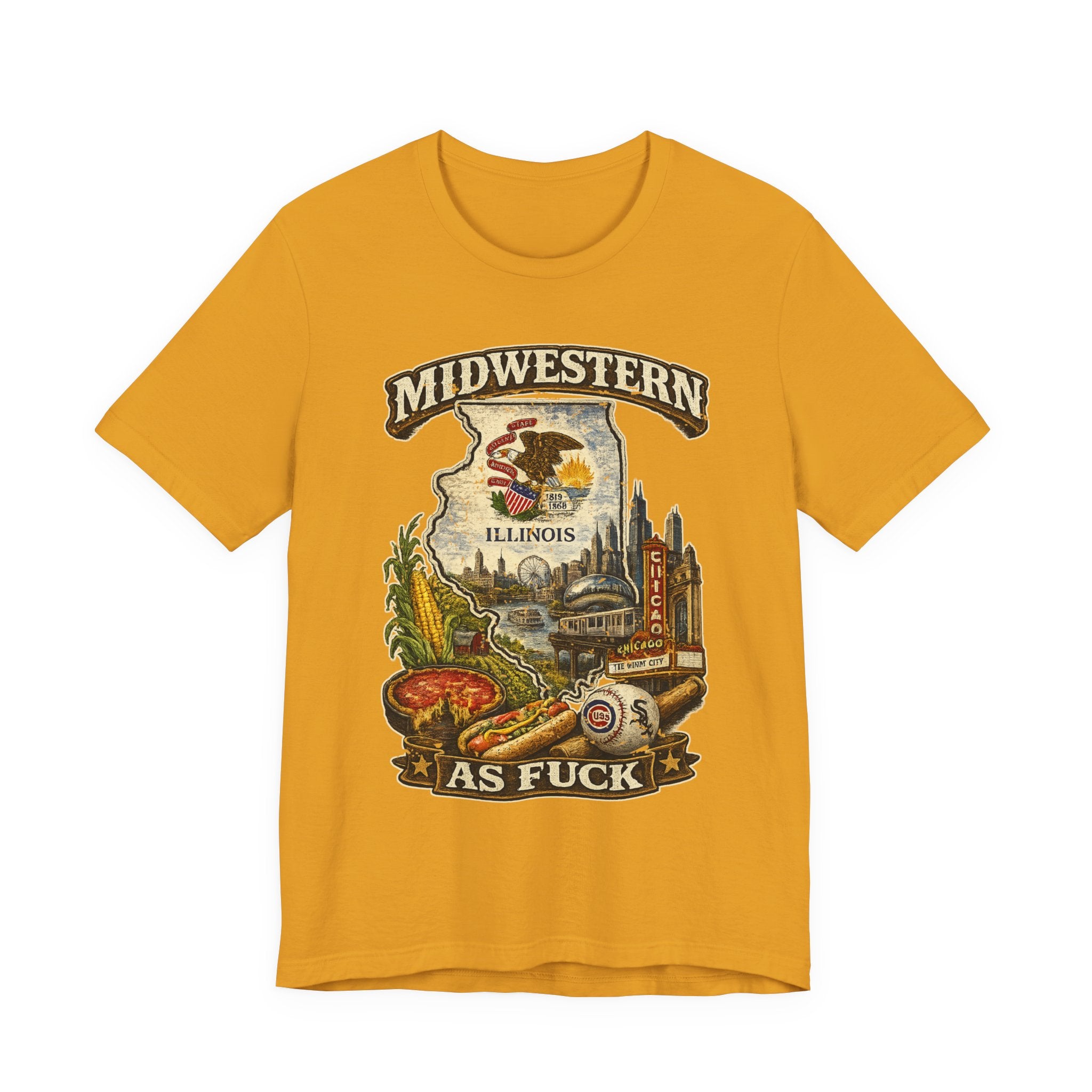 Midwestern As Fuck Illinois T-Shirt in Mustard – a distressed vintage design featuring the Illinois state outline overlaid with the state flag, surrounded by the Chicago skyline, the Chicago Theatre sign, The Bean, deep-dish pizza, a Chicago-style hot dog, and towering corn fields