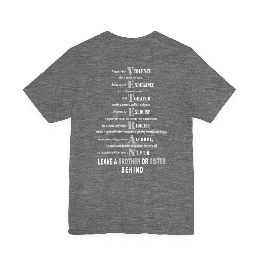 Navy veteran tee in Deep Heather, VETERAN acrostic back print over a faded aircraft carrier