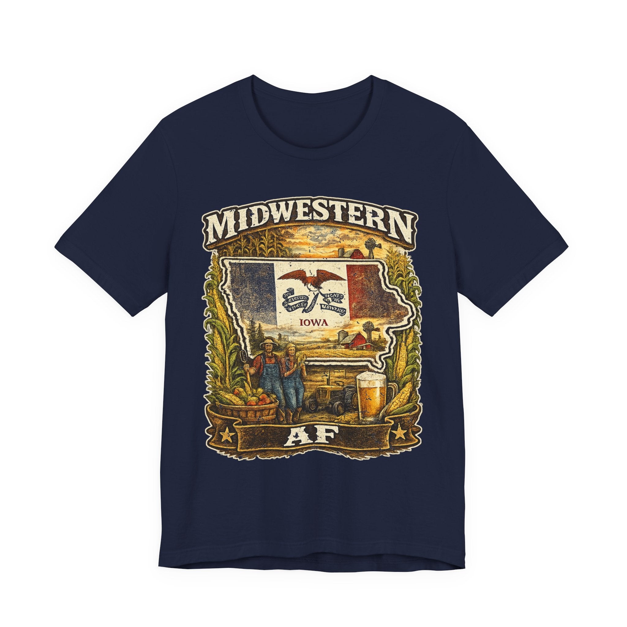 Family Friendly Midwestern AF Iowa T-Shirt in Navy – a distressed vintage design featuring the outline of Iowa overlaid with the Iowa state flag, surrounded by towering corn stalks, rolling farmland, a classic red barn, a windmill, a tractor, and an overflowing harvest basket