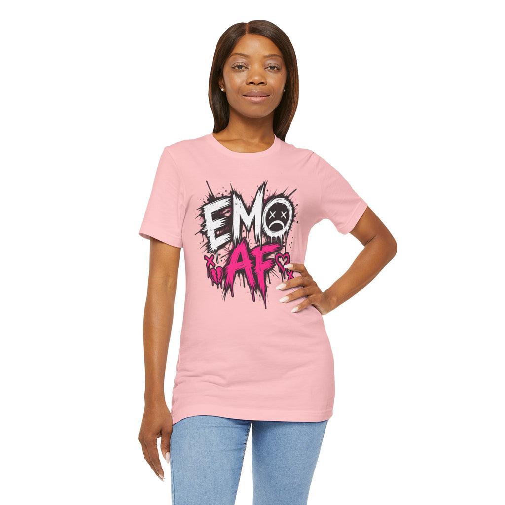 Woman wearing the Pink EMO AF T-Shirt, hand on hip, front graphic shown