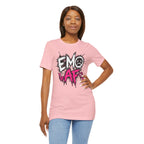 Woman wearing the Pink EMO AF T-Shirt, hand on hip, front graphic shown