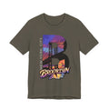 Army green t-shirt, flat lay front view, with a bold B and a purple-orange Brooklyn Bridge sunset skyline graphic.