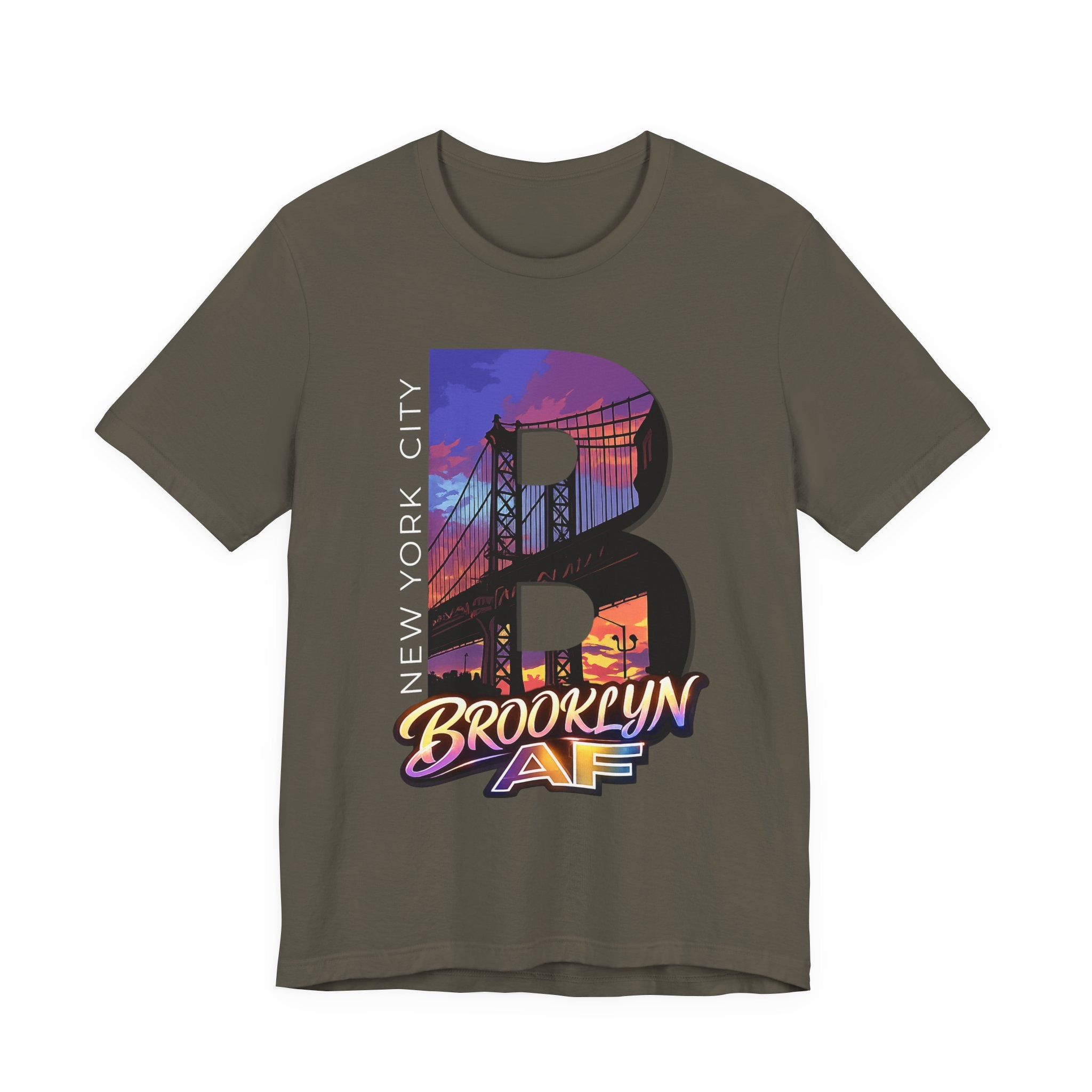Army green t-shirt, flat lay front view, with a bold B and a purple-orange Brooklyn Bridge sunset skyline graphic.