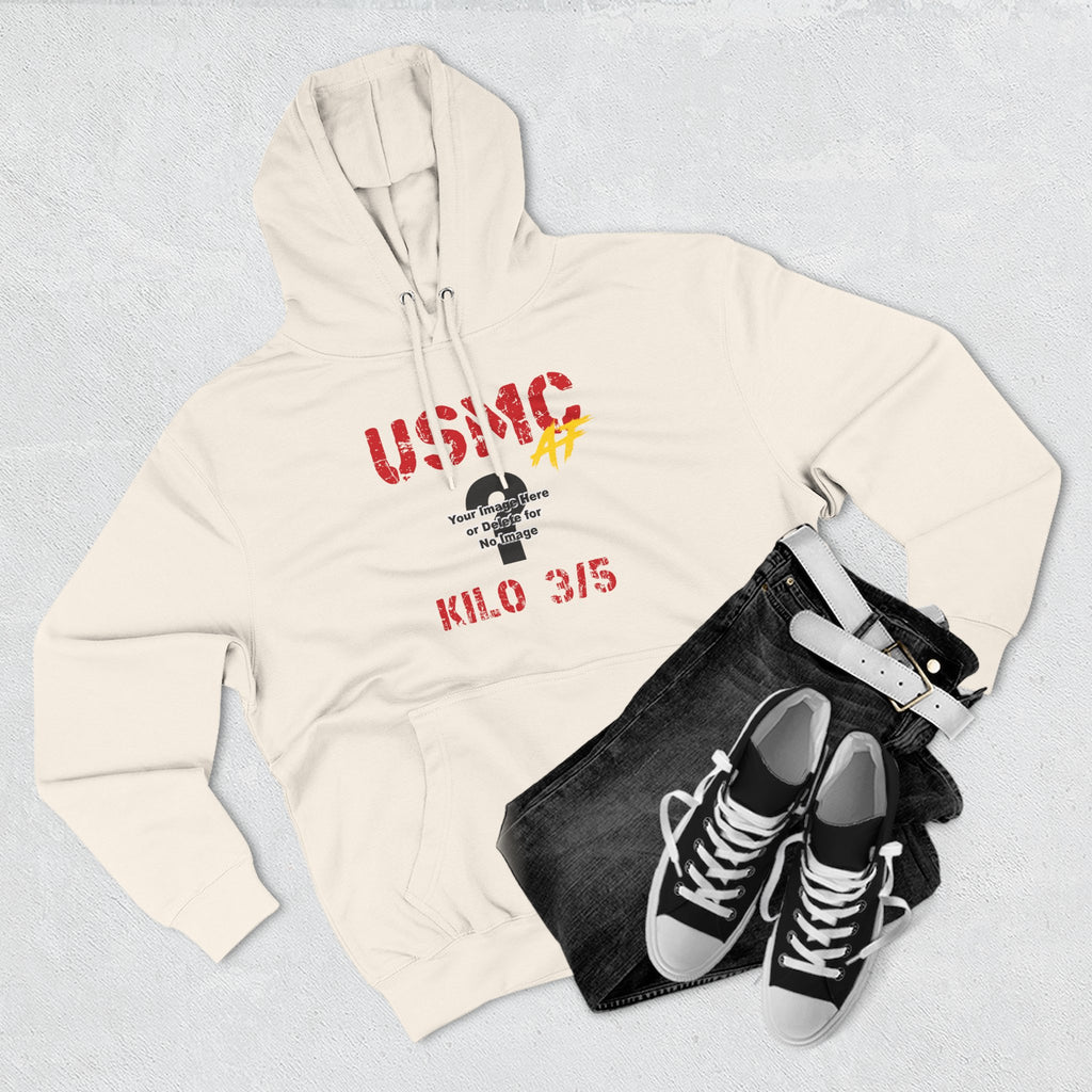 Personalized USMC Marine Corps AF hoodie in Black shown flat with gold USMC lettering and unit text