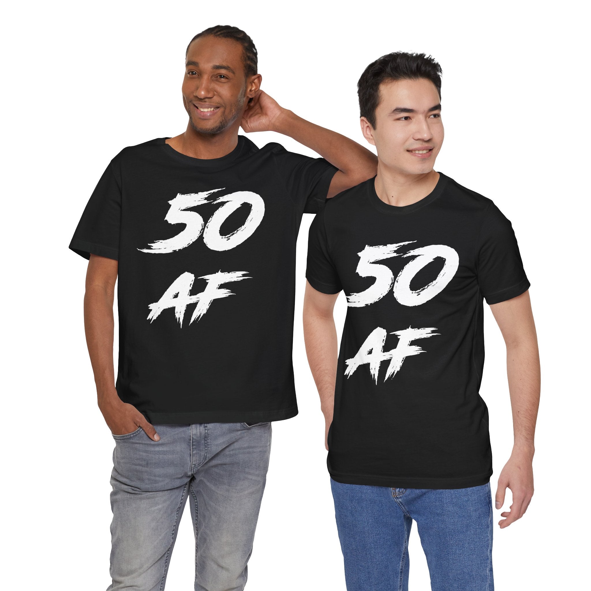 Two men standing together in black 50 AF birthday t-shirts and jeans