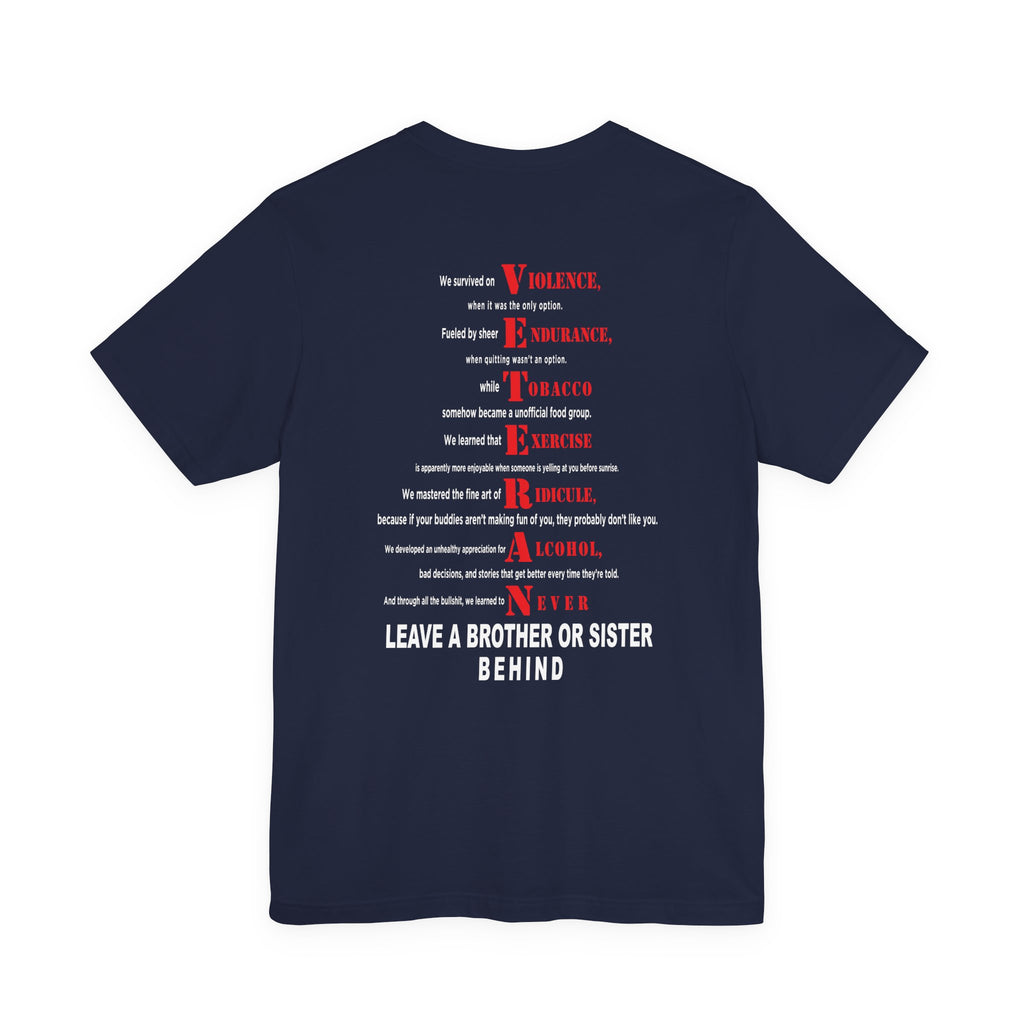 Marine Corps veteran T-shirt in Navy showing the VETERAN acrostic back print in red and white