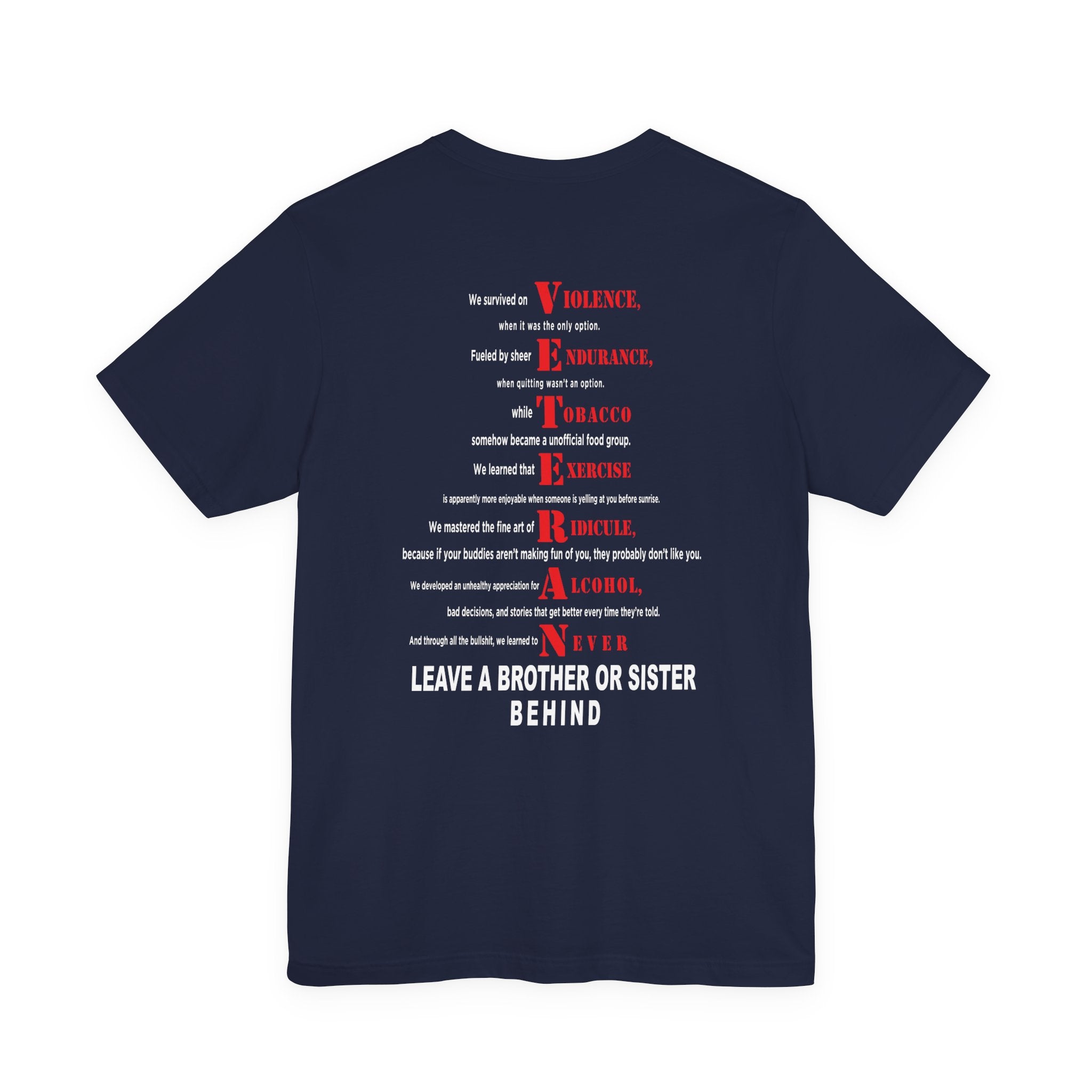 Marine Corps veteran T-shirt in Navy showing the VETERAN acrostic back print in red and white