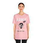 Woman wearing the Personalized U.S. Army AF T-shirt in Pink, full-length studio shot