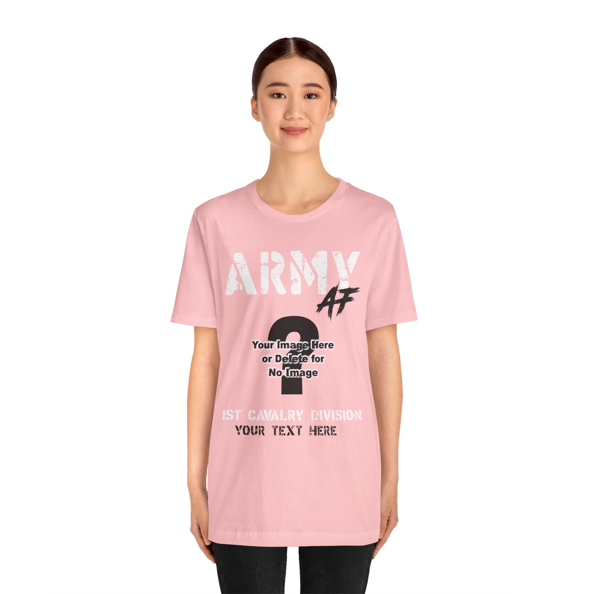 Woman wearing the Personalized U.S. Army AF T-shirt in Pink, full-length studio shot