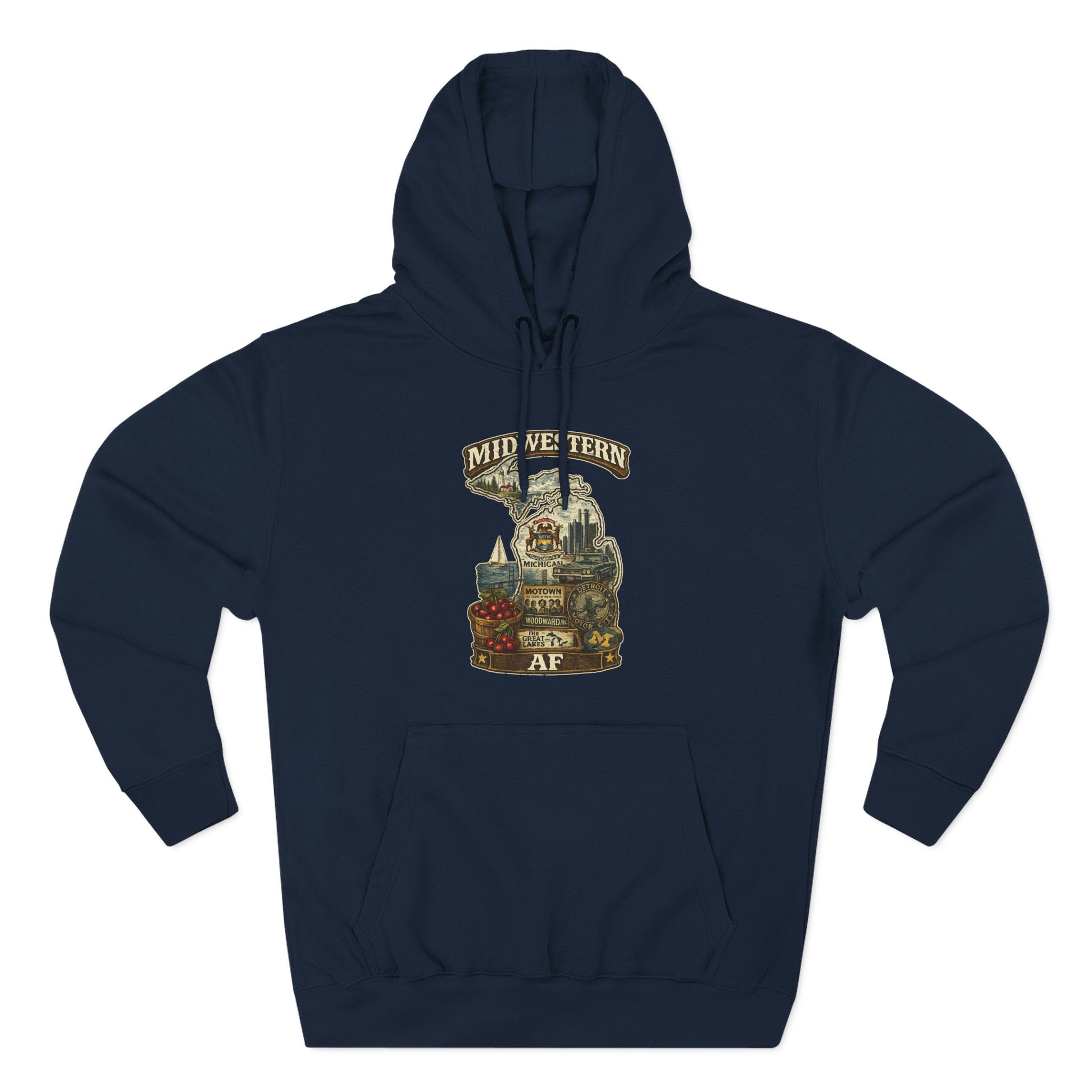 Family Friendly Midwestern AF Michigan Hoodie in Navy – a distressed vintage design featuring Michigan's Upper and Lower Peninsulas overlaid with the state outline, surrounded by Detroit's skyline, Woodward Avenue, the Great Lakes, and Traverse City cherries