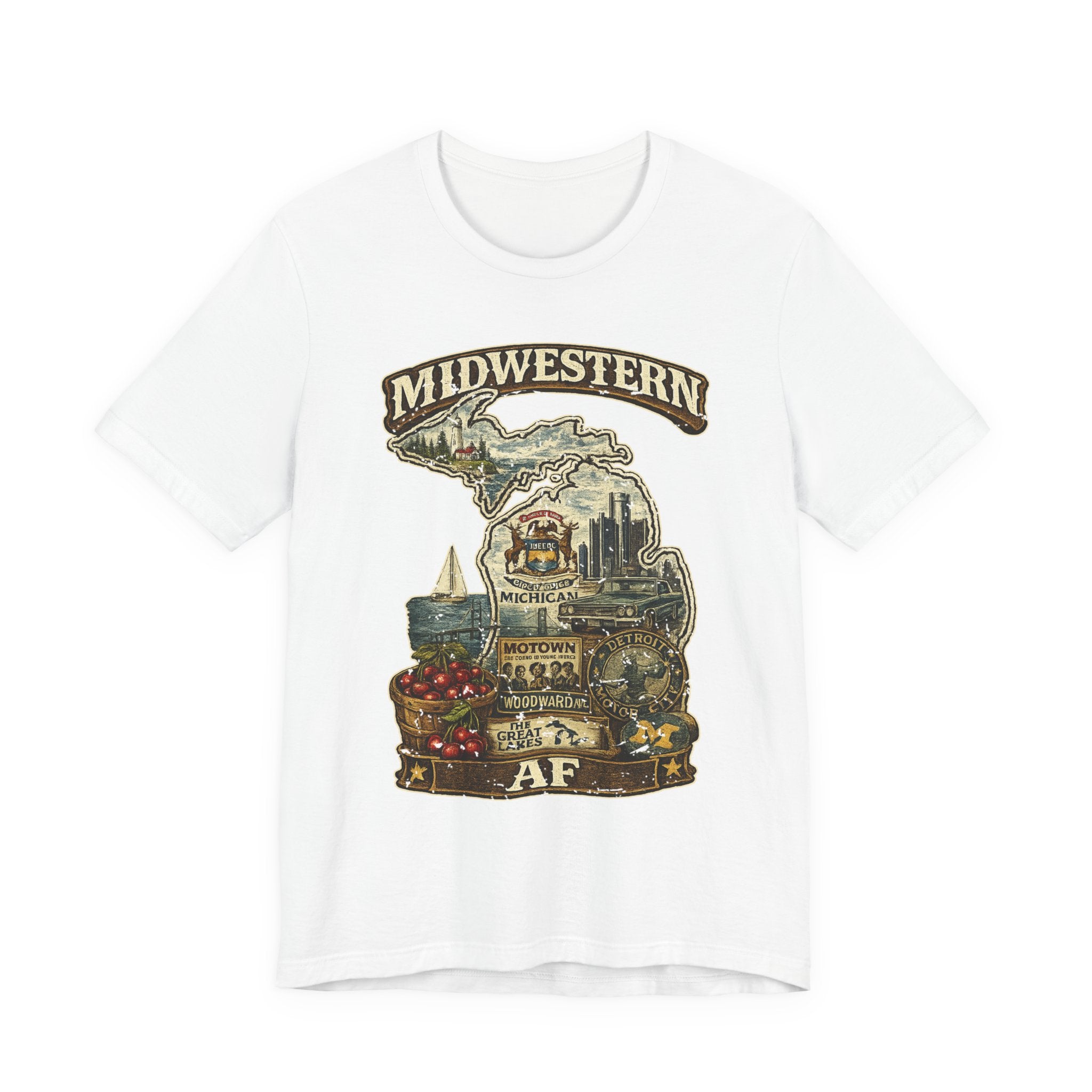 Family Friendly Midwestern AF Michigan T-Shirt in White – a distressed vintage design featuring Michigan's Upper and Lower Peninsulas overlaid with the state outline, surrounded by Detroit's skyline, Woodward Avenue, the Great Lakes, and Traverse City cherries