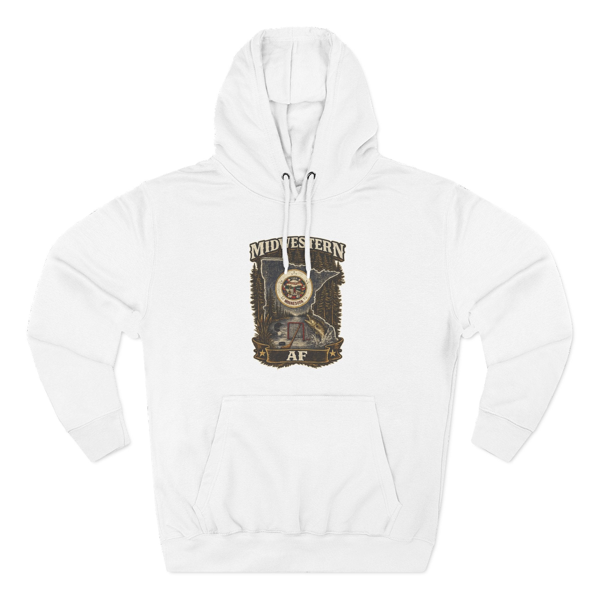 Family Friendly Midwestern AF Minnesota Hoodie in White – distressed Minnesota state flag design with pine trees, loon and walleye