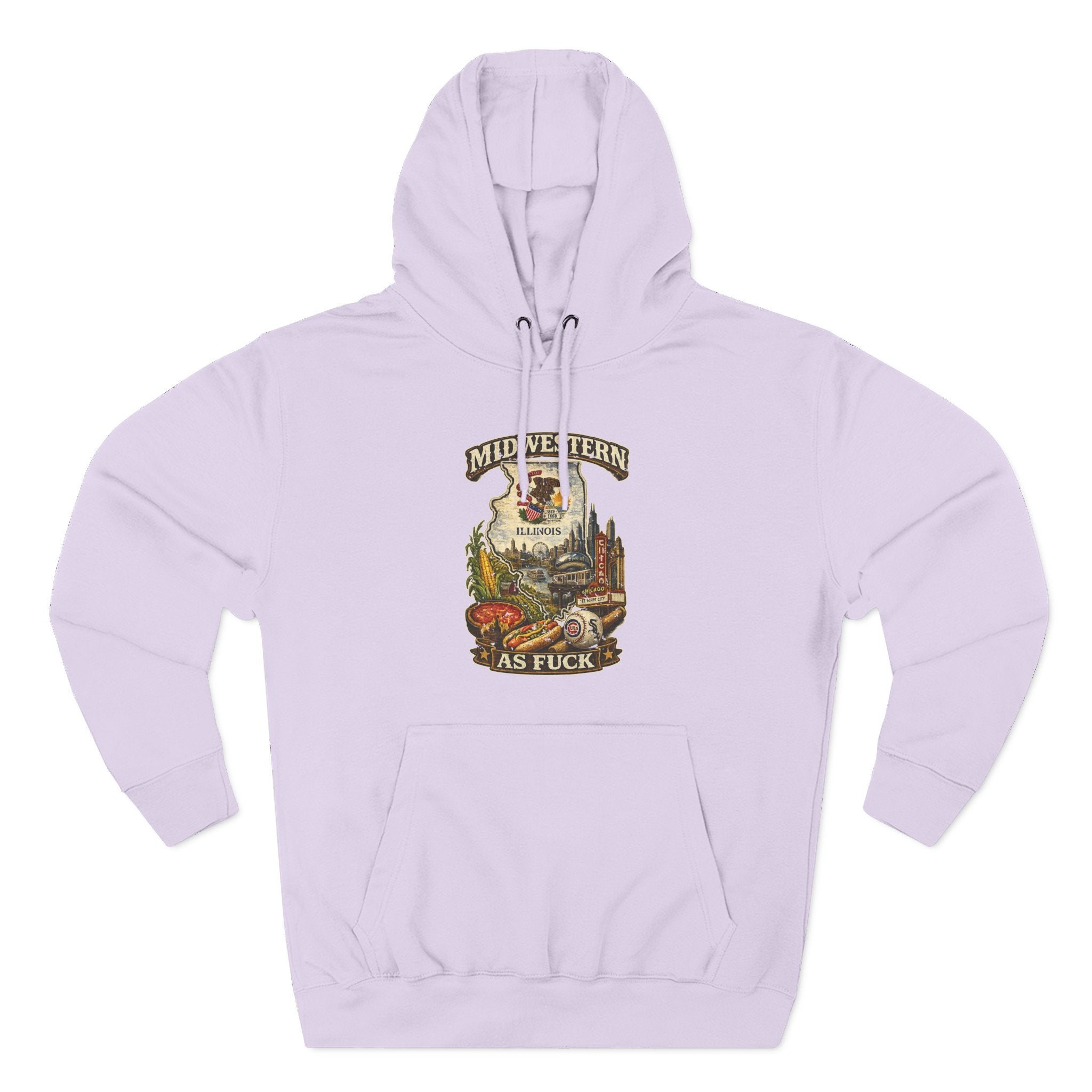 Midwestern As Fuck Illinois Hoodie in Lilac – a distressed vintage design featuring the Illinois state outline overlaid with the state flag, surrounded by the Chicago skyline, the Chicago Theatre sign, The Bean, deep-dish pizza, a Chicago-style hot dog, and towering corn fields