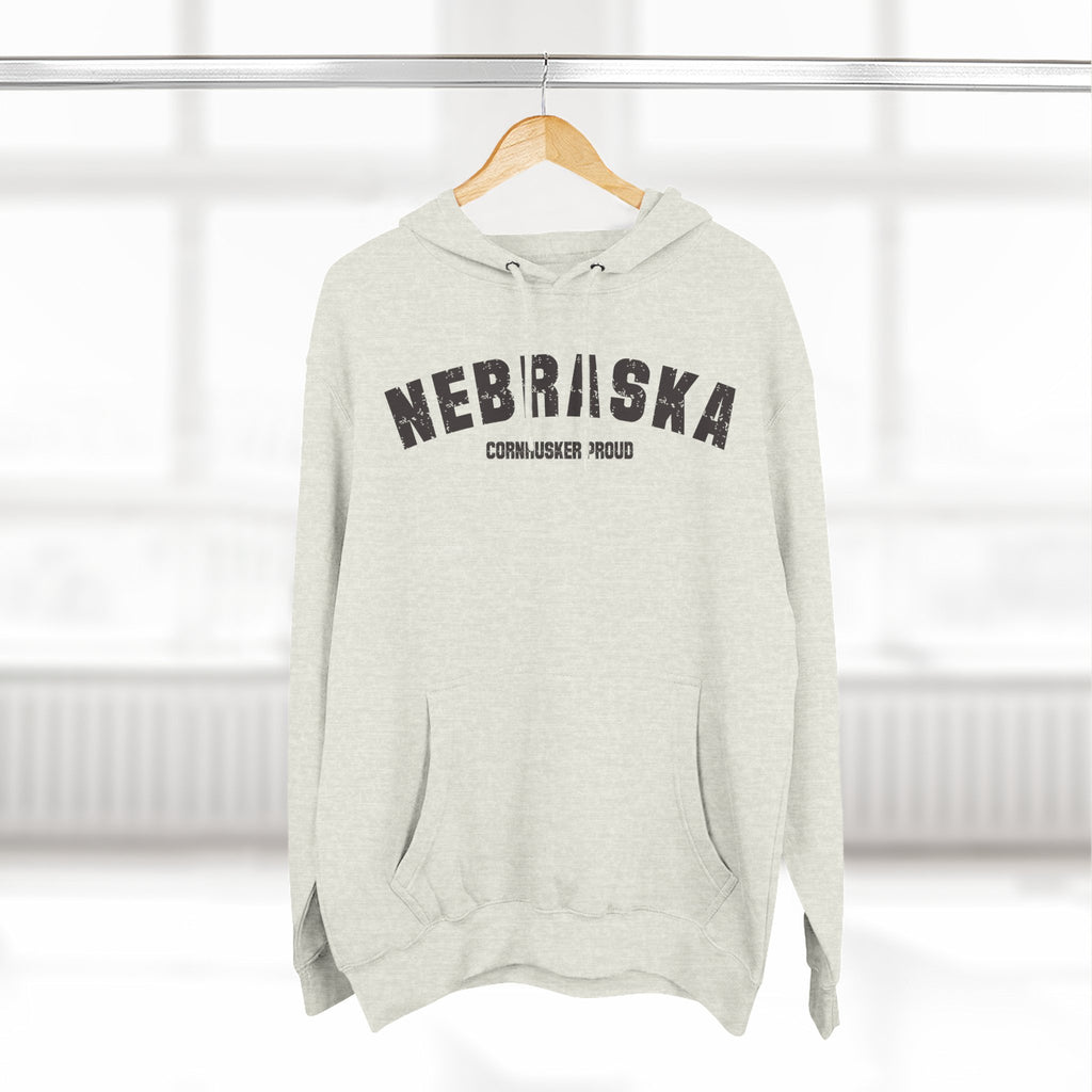 Oatmeal Heather Nebraska hoodie hanging by a window, distressed NEBRASKA print facing forward