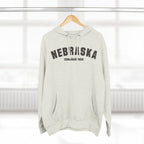 Oatmeal Heather Nebraska hoodie hanging by a window, distressed NEBRASKA print facing forward