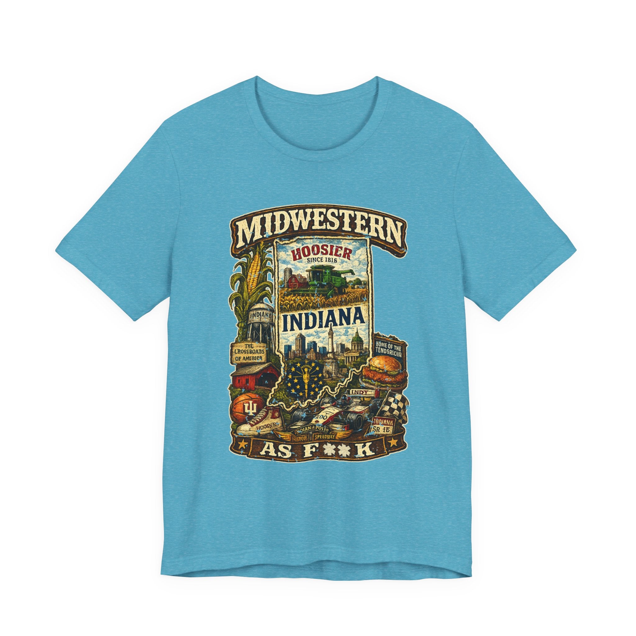 Heather Aqua Midwestern As F**K Indiana T-Shirt, slightly salty Hoosier State pride tee