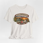 Natural vintage white Nebraska As F**K T-shirt draped flat with the aged print