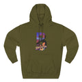 Army green hoodie, flat lay front view, oversized B with a Brooklyn Bridge sunset skyline graphic and Brooklyn AF script.