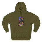 Army green hoodie, flat lay front view, oversized B with a Brooklyn Bridge sunset skyline graphic and Brooklyn AF script.
