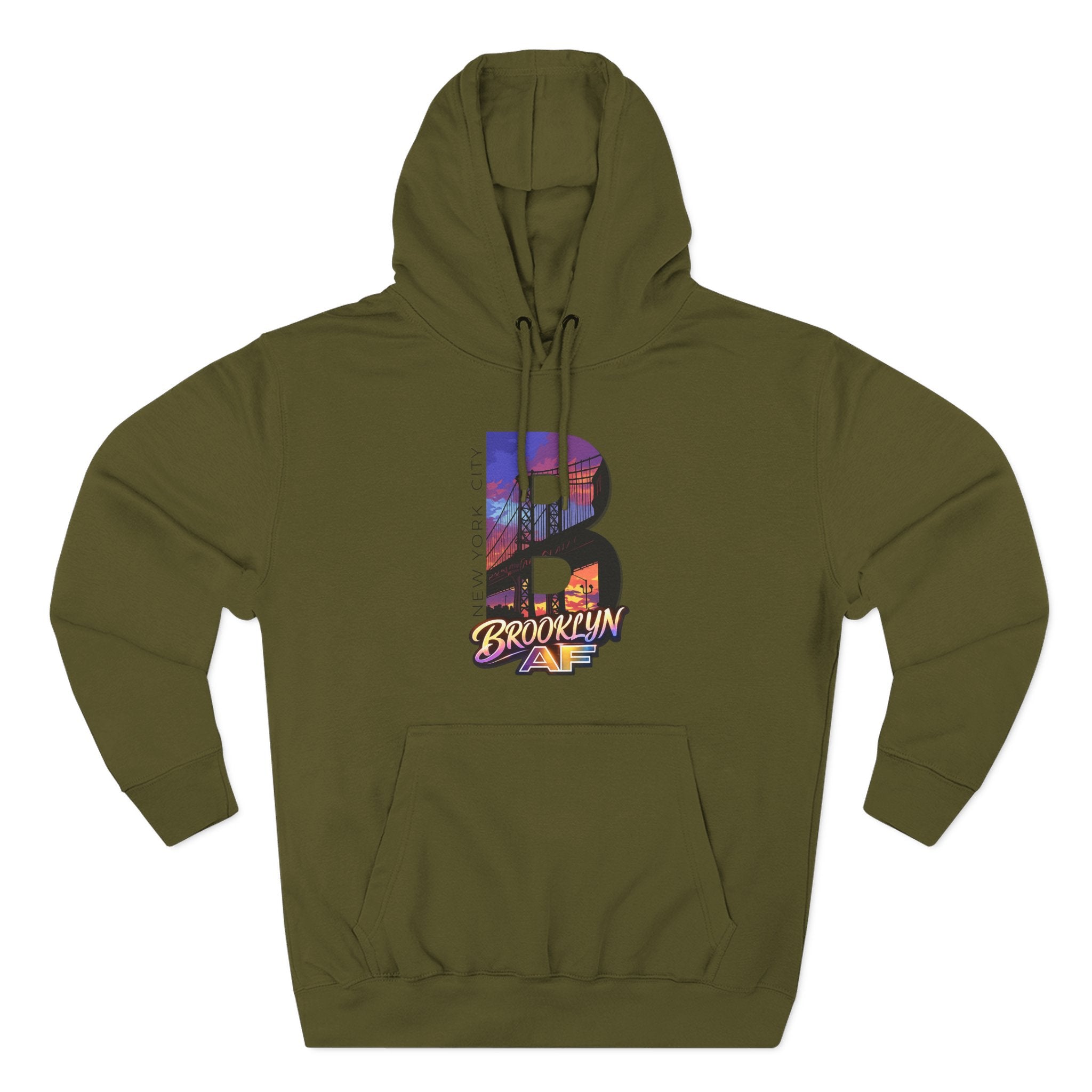 Army green hoodie, flat lay front view, oversized B with a Brooklyn Bridge sunset skyline graphic and Brooklyn AF script.