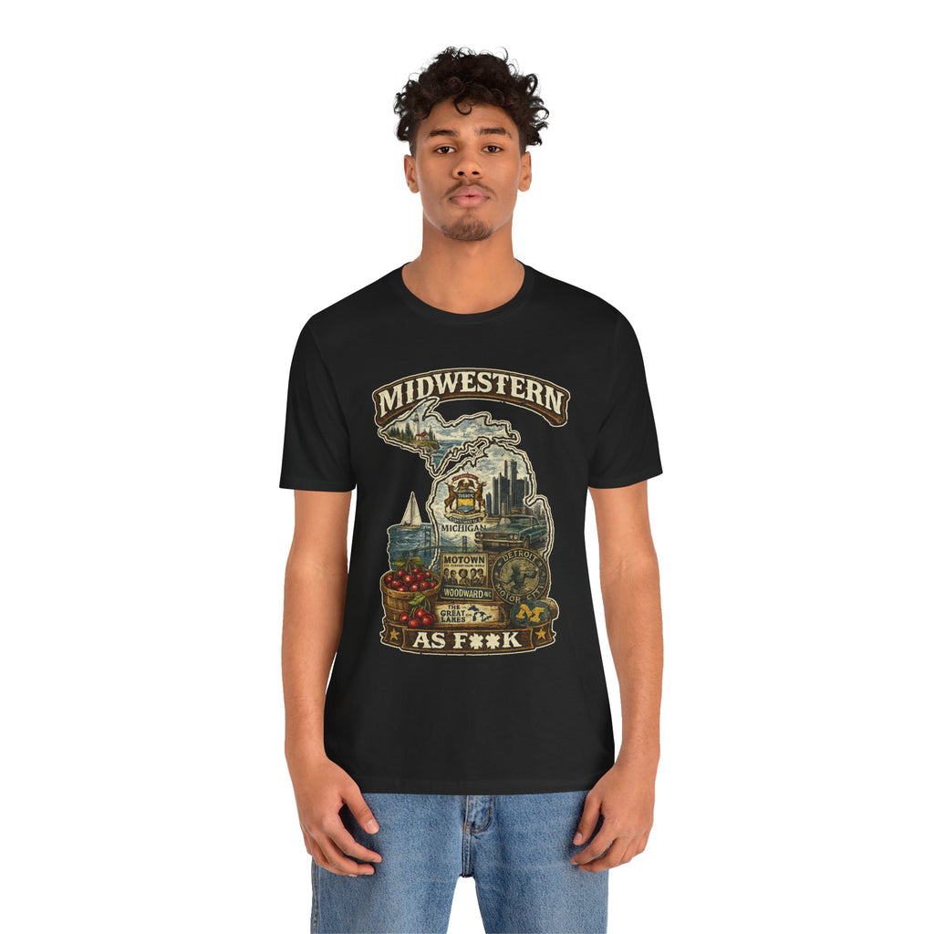 Slightly Salty Midwestern As F**K Michigan T-Shirt – product photo 9 featuring a distressed vintage design featuring Michigan's Upper and Lower Peninsulas overlaid with the state outline, surrounded by Detroit's skyline, Woodward Avenue, the Great Lakes, and Traverse City cherries
